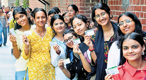 Girls, waiting in the queue to cast their vote, showing their I-Card during Delhi University Student Union Election...Express pix by Sayantan Ghosh on Thursday, 18.09.2025. New Delhi.