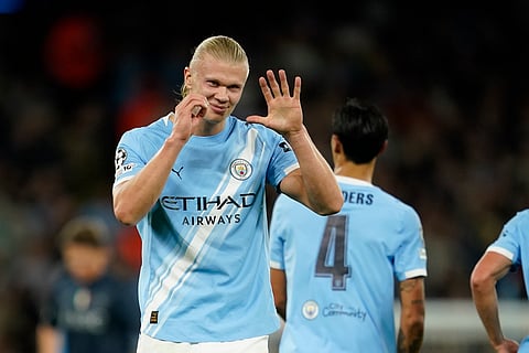 Manchester City's Erling Haaland celebrates after scoring the opening goal during the Champions League opening phase soccer match between Manchester City and Napoli on Thursday, Sept. 18, 2025.