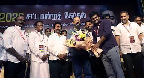 The Makkal Needhi Maiam partys president, Kamal Haasan.talks during consultation meeting on strategies for the 2026 Assembly elections at rajaannamallai mandram in Chennai.