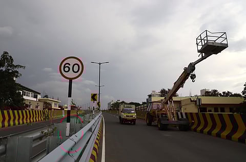 A signboard indicating a speed limit of 60 kmph was installed on the Avinashi Road elevated flyover in Coimbatore on Friday.