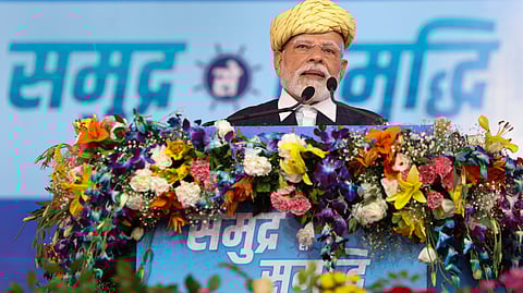 Prime Minister Narendra Modi addresses the gathering during the 'Samudra se Samruddhi' event at Gandhi Maidan, in Bhavnagar, Gujarat.