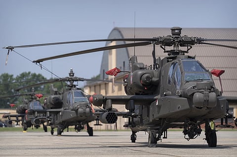 U.S. Army AH-64E Apache helicopters are pictured at Joint Base Andrews, Md., June 12, 2025.