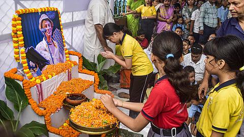 Students of Assam Jatiya Bidyalay pay tribute to singer Zubeen Garg a day after he died while scuba diving in Singapore, in Guwahati.