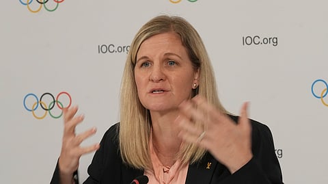IOC President Kirsty Coventry attends a final press conference with Executive Board members after visiting Olympic and Paralympic Village and various venues in Milan, Italy, Friday, Sept. 19, 2025.