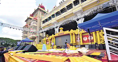 Stage being set up on the premises of the Mysuru Palace on the eve of the Dasara inauguration on Sunday.