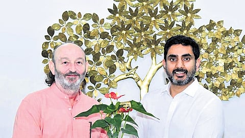 RDT director Moncho Ferrer greets HRD and IT Minister Nara Lokesh.