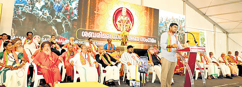 Former Tamil Nadu BJP chief Annamalai speaks at Sabarimala Samrakshana Sangamam in Pandalam, Pathanamthitta, on Monday.