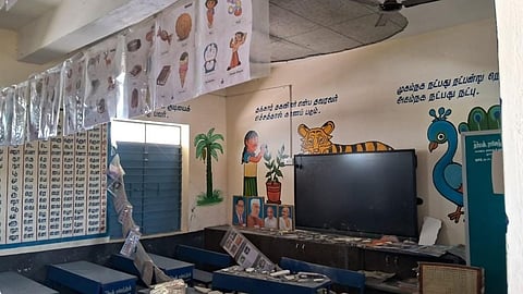 The broken ceiling, with charts and teaching aids still dangling, was a chilling reminder of a major tragedy averted by chance.