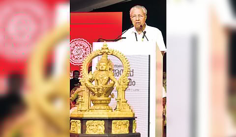 Chief Minister Pinarayi Vijayan speaking at the Global Ayyappa Sangamam at Pampa on Saturday.