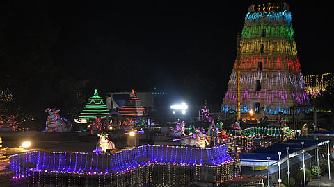 The illuminated Kanaka Durga temple.