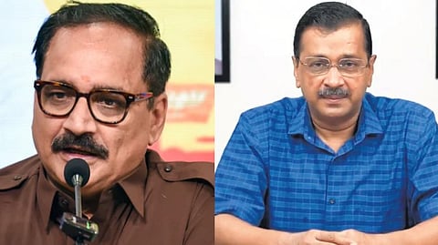 Delhi BJP president Virendra Sachdeva (L), AAP national convener Arvind Kejriwal (R)