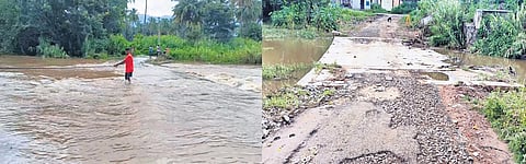 The causeway was submerged till Monday morning owing to the recent rains; (right) the water was drained by Tuesday.