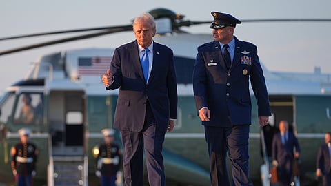 US President Donald Trump walks to board Air Force One at Joint Base Andrews, Monday, Sept. 22, 2025, at Joint Base Andrews, Md.