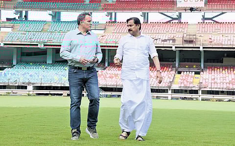 Kerala Sports Minister V Abdurahiman and Argentina Football Association Manager Hector Daniel Cabrera visit Jawaharlal Nehru Stadium in Kochi on Tuesday as the state prepares to host the world champions in November