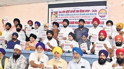 Central Committee of Gurudwara Saheban, Telangana, speaking to media in connection with the 350th Shaheedi Shatabdi Nagar Kirtan Yatra dedicated to Martyrdom anniversary of Sri Guru Tegh Bahadur Sahib in Hyderabad on Tuesday.