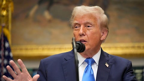 President Donald Trump speaks in the Roosevelt Room of the White House, Monday, Sept. 22, 2025, in Washington.