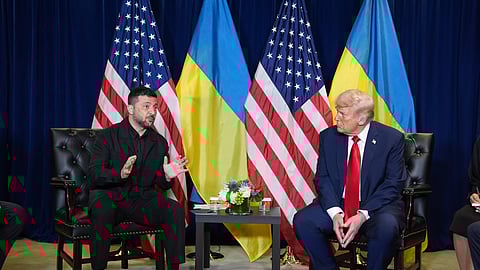 In this photo from Sept. 23, 2025, US President Donald Trump meets with Ukrainian President Volodymyr Zelenskyy on the sidelines of the United Nations General Assembly in New York.
