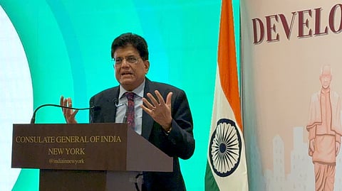 Union Minister of Commerce and Industry Piyush Goyal delivers the keynote address at an event titled 'Energy Security in a Shifting Global Landscape: Building Resilient Energy Markets Across Borders', in New York, USA, Tuesday, Sept. 23, 2025