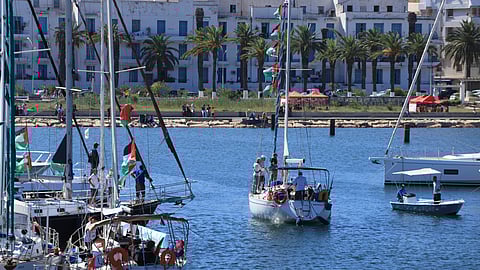 A boat that is part of the Global Sumud Flotilla departs to Gaza to deliver aid amidst Israel's blockade on the Palestinian territory, in the Tunisian port of Bizerte, Saturday, Sept. 13, 2025.