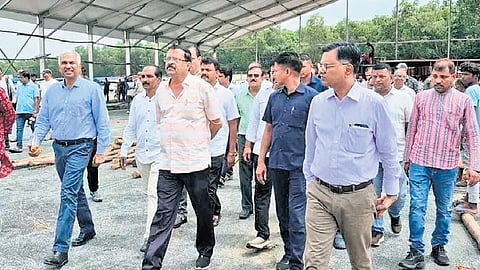 Revenue Minister Suresh Pujari and chief secretary Manoj Ahuja reviewing the preparations at Amlipali ground ahead of PM’s visit to Jharsuguda.