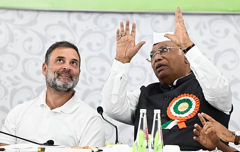 Congress President Mallikarjun Kharge with party leader and LoP in the Lok Sabha Rahul Gandhi during the extended Congress Working Committee (CWC) meeting, in Patna, Wednesday, Sept. 24, 2025.