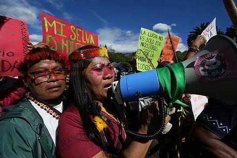 Waorani Indigenous people march to the Constitutional Court to protest for their right to consultation before the bidding for the exploration and exploitation of oil and gas on their territory in Quito, Ecuador, May 13, 2025.