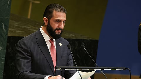 Syria President Ahmad Al-Sharaa speaks during the 80th session of the United Nations General Assembly, Wednesday, Sept. 24, 2025, at UN headquarters.
