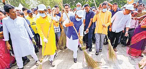 Chief Minister Mohan Charan Majhi at the cleanliness drive near Lingaraj Temple