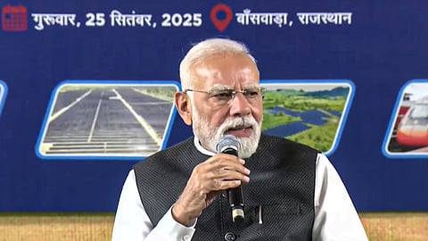 Prime Minister Narendra Modi during an interaction with the beneficiaries of PM-KUSUM (Pradhan Mantri Kisan Urja Suraksha evam Utthaan Mahabhiyan) scheme, in Banswara, Rajasthan.