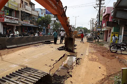One of the UGD pipelines of the Kurichi-Kuniyamuthur UGD project was damaged during the trial run and water gushed.