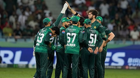 Pakistan's Shaheen Shah Afridi, right, celebrates with teammates after the dismissal of Bangladesh's Parvez Hossain Emon during the Asia Cup cricket match between Bangladesh and Pakistan on Thursday, Sept. 25, 2025.
