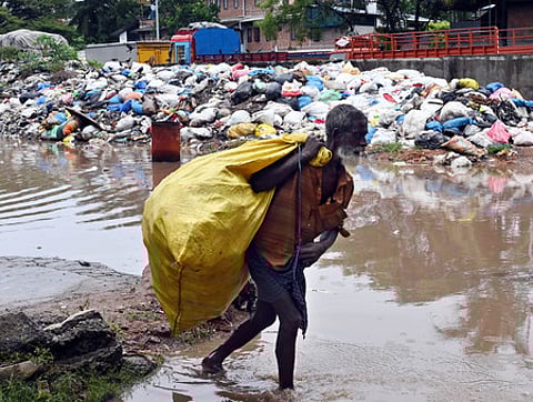 An elderly man is collecting plastic bottles from a pile of garbage.
