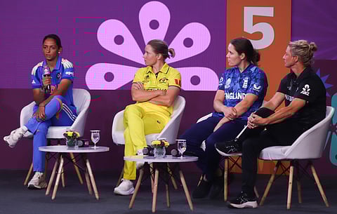 (From L) Captains Harmanpreet Kaur (India), Alyssa Healy (Asutralia, Nat Sciver-Brunt (England) and Sophie Devine (New Zealand) during the 2025 ICC Women's World Cup Captains' Day in Bengaluru on Friday