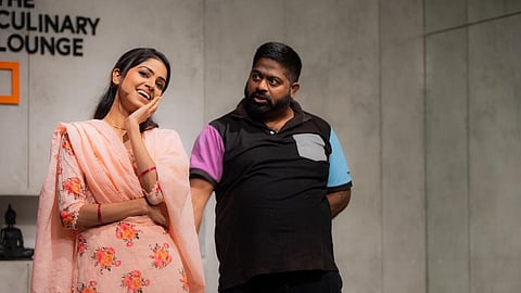 A still from Miya Biwi Ke Mantakha, capturing Drishika Chander and Rahul Reddy performing the play.