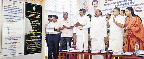 Minister EV Velu laying the foundation stone for the memorial.