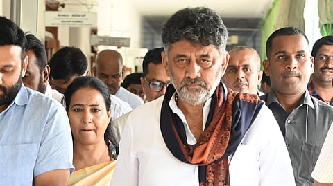 Deputy Chief Minister DK Shivakumar arrivng at Vidhna Soudha after Cabinet meeting in Bengaluru on Thursday.