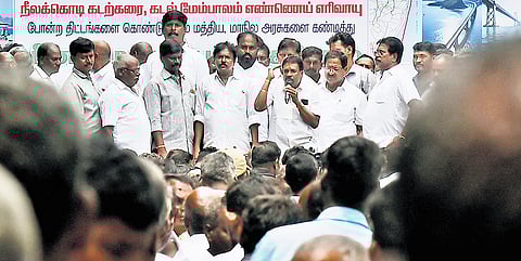 Fisherfolk from the villages protesting at the collectorate on Friday.