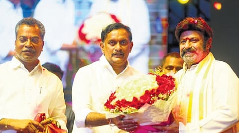 Hindupur MLA Nandamuri Balakrishna inaugurates exhibition at Gollapudi on Saturday.