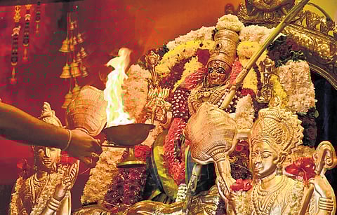 Goddess Kanaka Durga in Sri Lalita Tripura Sundari Devi avatar on the sixth day of Dasara atop Indrakeeladri Hill in Vijayawada