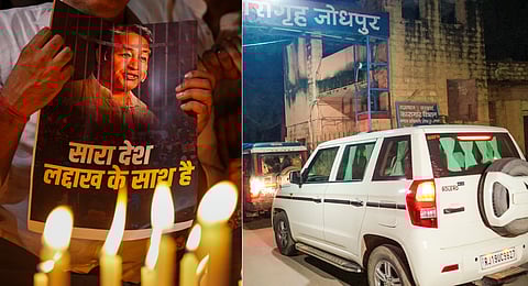 (L) People protest the arrest of activist Sonam Wangchuk. (R) Wangchuk is transferred to the Jodhpur Central Jail in Rajasthan.