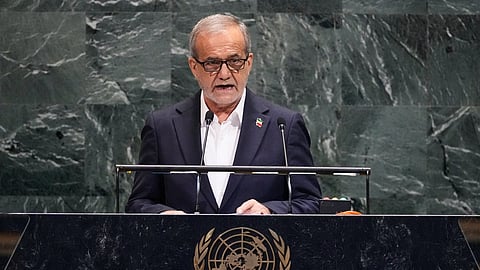 Iran President Masoud Pezeshkian addresses the 80th session of the United Nations General Assembly, Wednesday, Sept. 24, 2025.