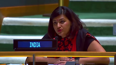 First Secretary in India's Permanent Mission to the UN Petal Gahlot delivers right of reply at the UN General Assembly, Sept. 27, 2025.