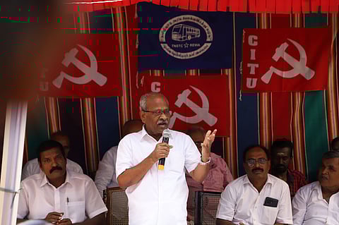 CITU state president A Soundararajan participated in the 40th-day sit-in protest of current and former TNSTC employees affiliated with the CITU in the city on Friday
