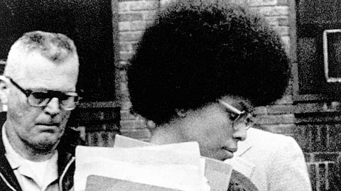 Assata Shakur leaves Middlesex County courthouse, in New Brunswick, N.J., April 25, 1977.