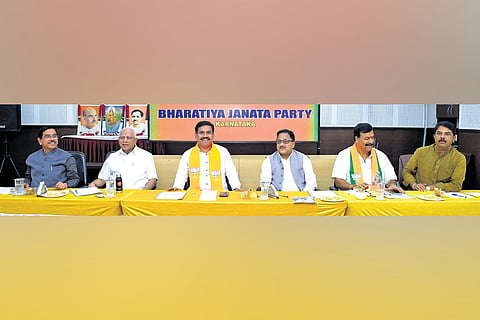 SenioSenior BJP leaders at the party’s core committee meeting in Bengaluru on Saturday