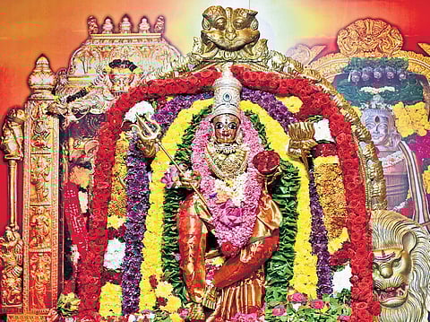 Goddess Kanaka Durga in Sri Maha Chandi Devi Alankaram; scores witnessed the procession of utsav idols as part of Nagarotsavam.