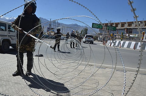 Security personnel stand guard on a road near the statue of King Sengge Namgyal amid a curfew, in Leh, Ladakh, Sunday, September 28, 2025. Image used for representational purpose only.