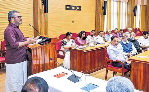 Minister M B Rajesh speaking at the Sherpa Senior Conclave organised by Overseas Keralites Investment and Holding Limited on Sunday