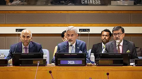 Union External Affairs Minister S Jaishankar addresses the BRICS Foreign Ministers meeting, in New York, USA.