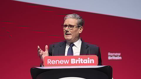 Britain's Prime Minister Keir Starmer speaks during the Labour Party Conference in Liverpool, England, Sunday Sept. 28, 2025.